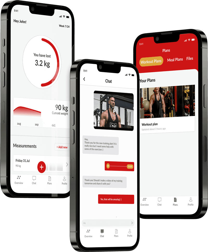 The Transformation Coach app on three phones — overview, chat, and workout plans